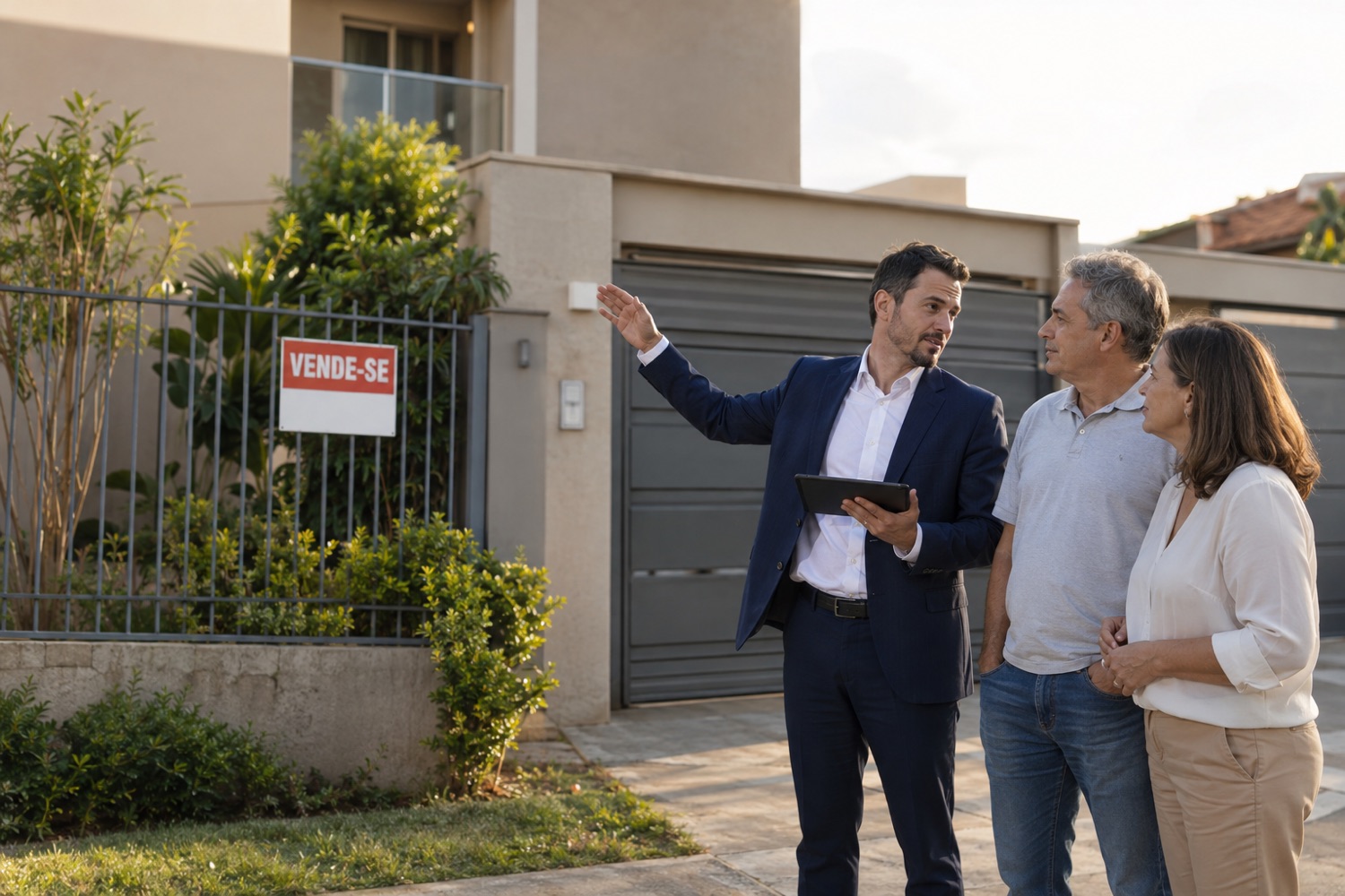 Corretor conversando com proprietários em frente a uma casa à venda